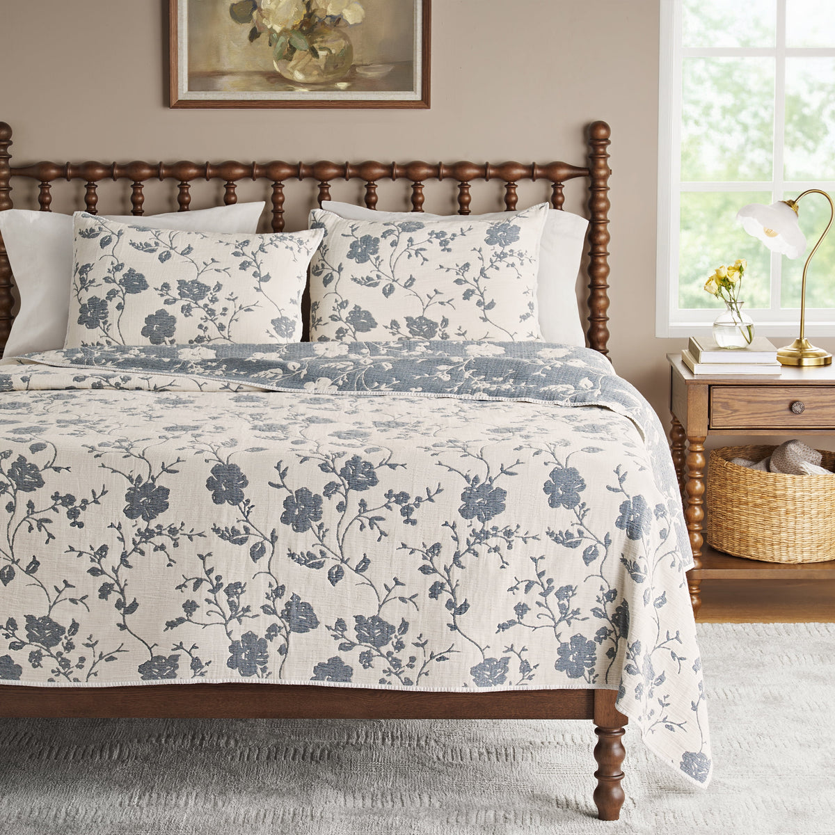 Cottage Bloom Agatha Floral Gauze Quilt, Full/Queen, Blue Dust, Reversible Bedding