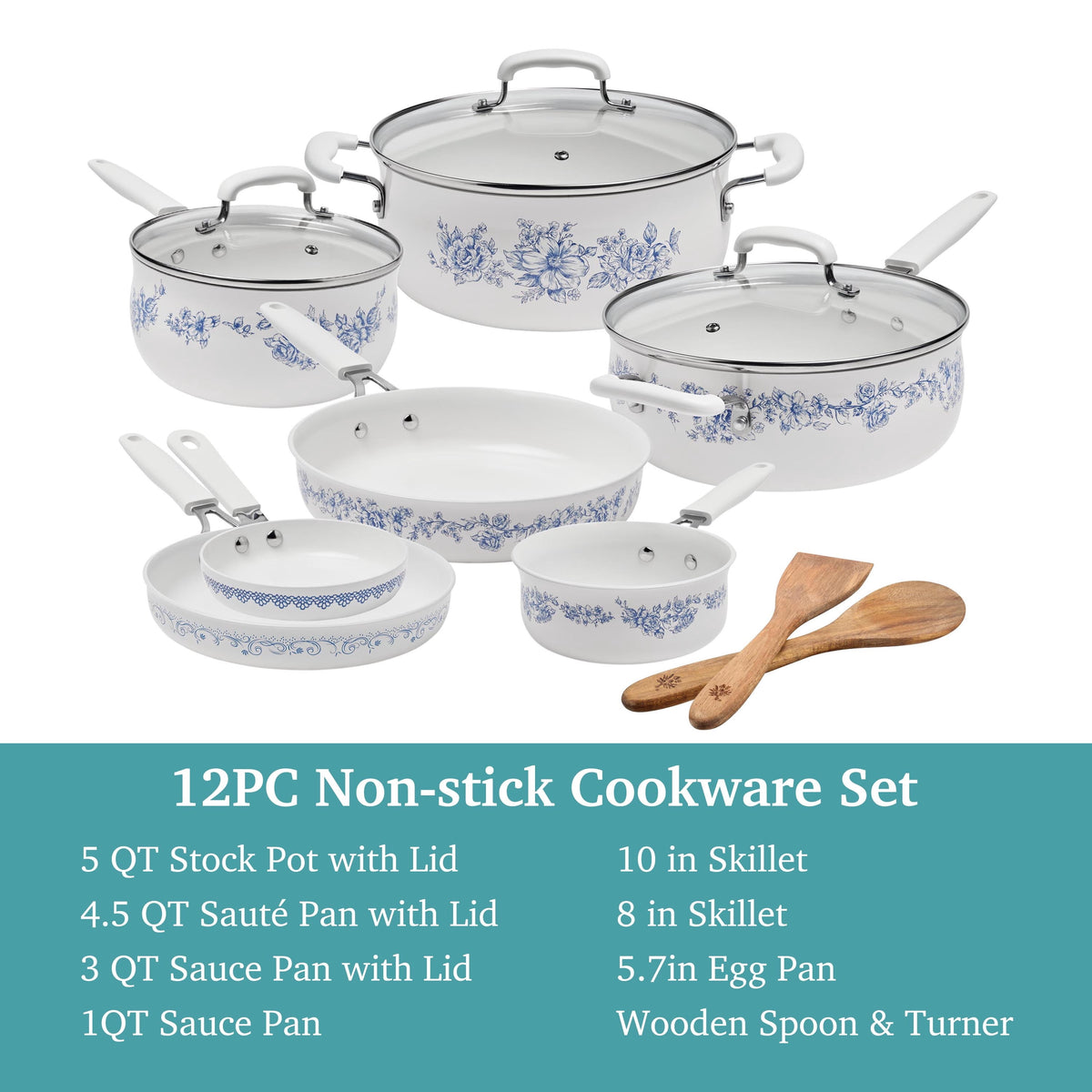 The Pioneer Woman 12-Piece Classic Ceramic Cookware Set, Agatha Blue