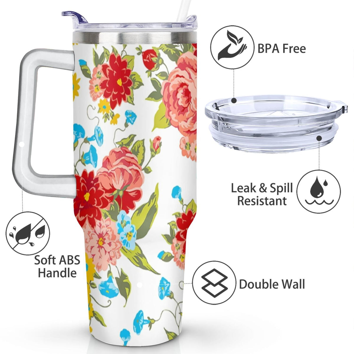 40 Oz Tumbler with Handle Lid and Straw Pioneer Flower Women Stainless Steel Travel Mug Double Walled Vacuum Insulated Cup, Christmas Birthday Gifts for Indoor Outdoor Sports
