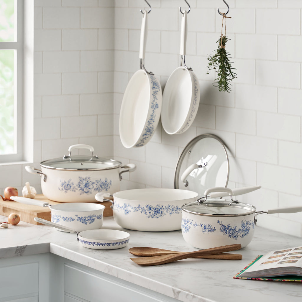 The Pioneer Woman 12-Piece Classic Ceramic Cookware Set, Agatha Blue
