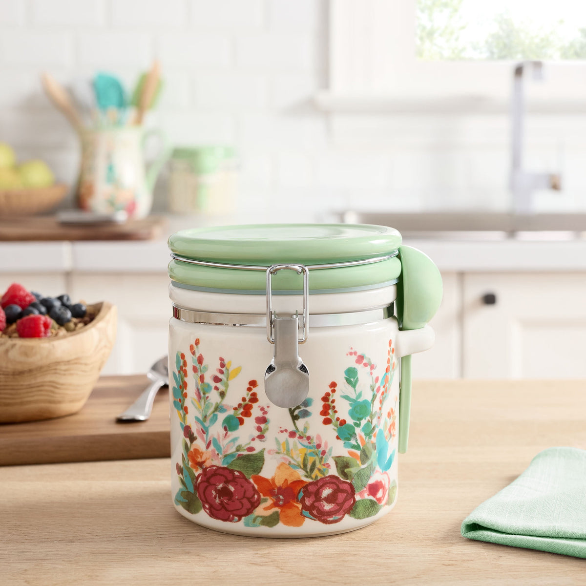 (2 pack) The Pioneer Woman Painted Meadow Large Canister with Ceramic Spoon, Best Used for Pantry Organization and Food Storage