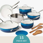 The Pioneer Woman Harlow 15-Piece Cookware Set, Ceramic Non-Stick Pots and Pans Set,  Denim Blue