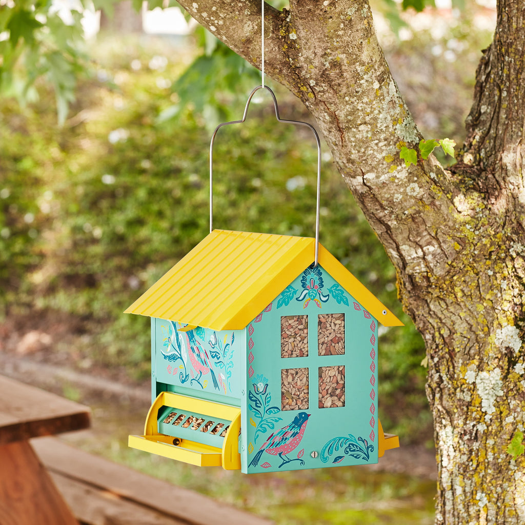 The Pioneer Woman Bird Ogee Metal Squirrel Proof Hopper Bird Feeder 5.5QT , Teal Yellow