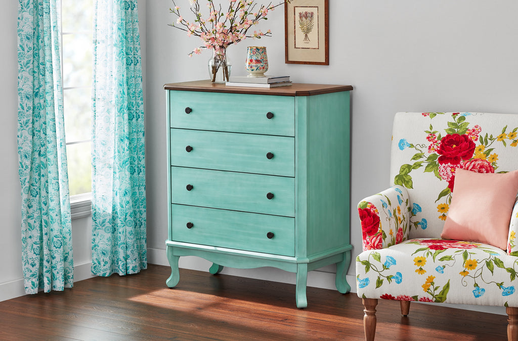 The Pioneer Woman 4-Drawer Dresser Made With Solid Wood Frame, Teal