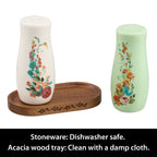 (8 pack) The Pioneer Woman Ceramic Painted Meadow 3 Pieces Salt & Pepper Shakers with Acacia Wood Tray Set, Made for Seasoning Storage and Serving