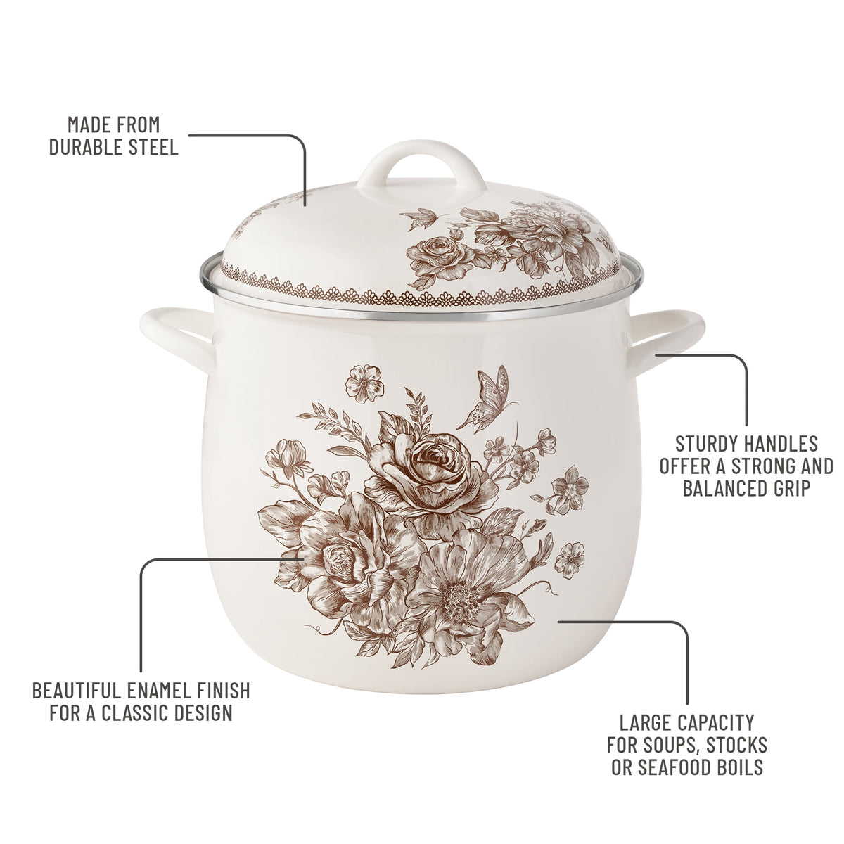 The Pioneer Woman Agatha 12 Qt Enamel on Steel Stock Pot with Lid, Brown