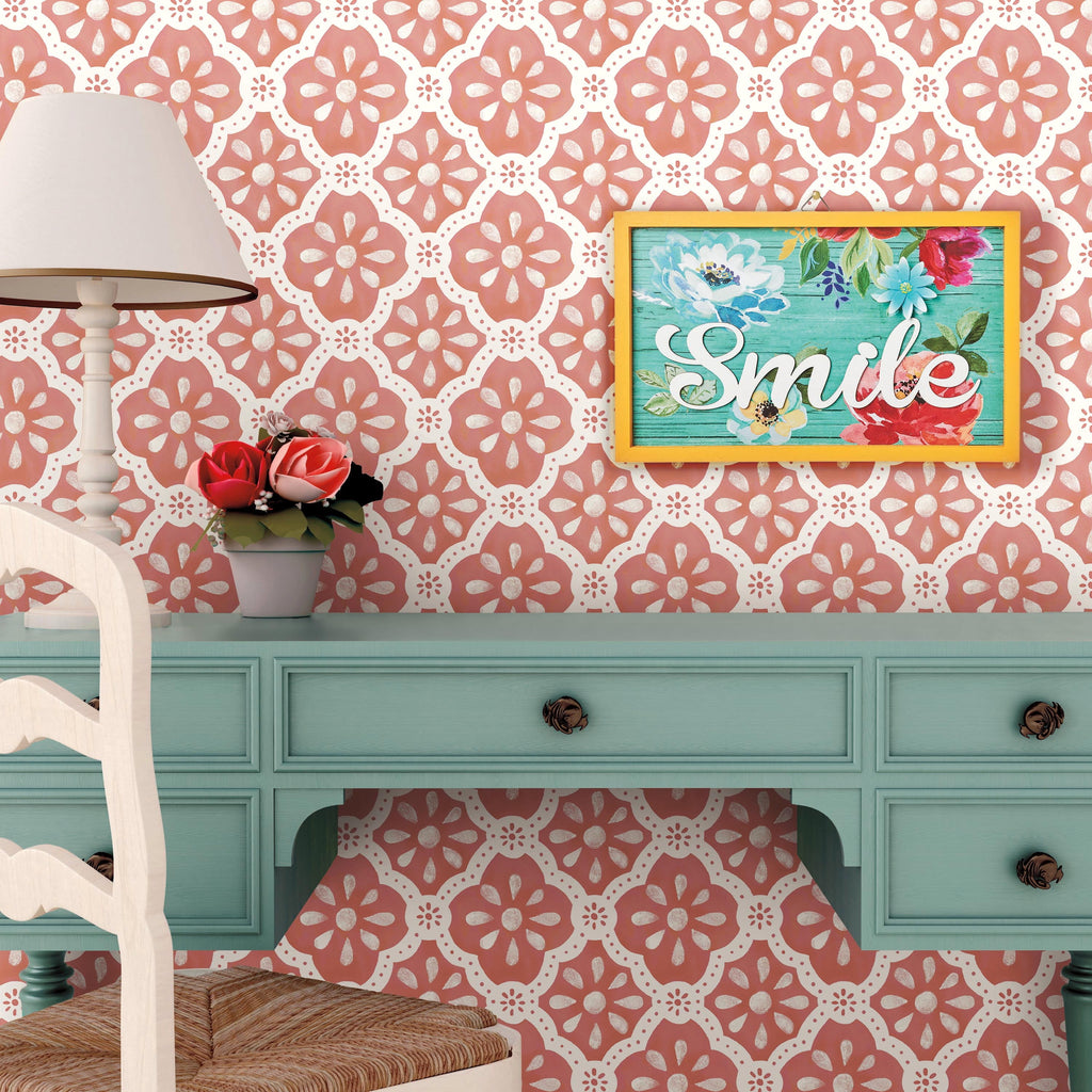The Pioneer Woman Pink Salmon Washy Trellis Peel and Stick Wallpaper, 18" x 18.86'