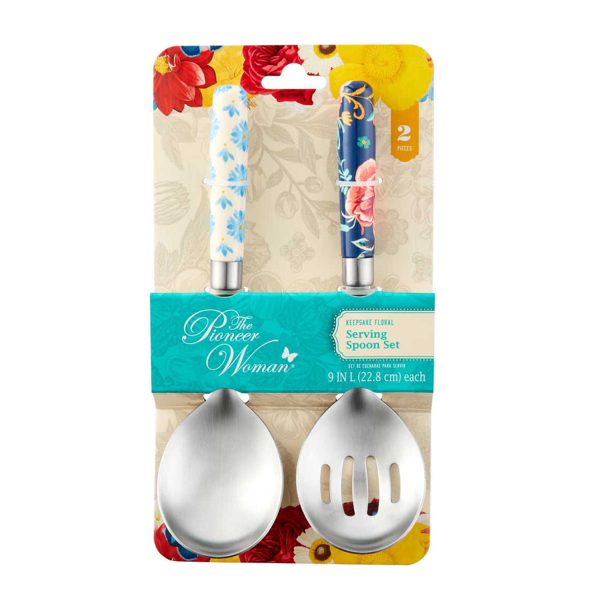 (3 pack) The Pioneer Woman Keepsake Floral Textured Stainless Steel Serving Spoon Set with Floral Pattern, and Colorful Handle 2