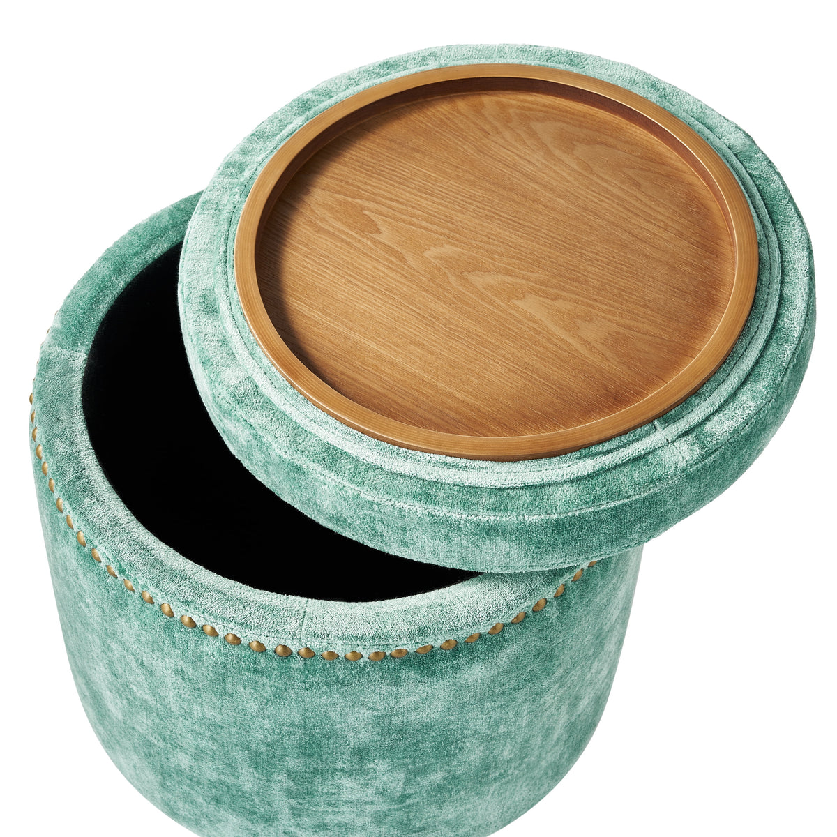 The Pioneer Woman Harper Round Velvet Storage Ottoman, Jade, 17.72 in