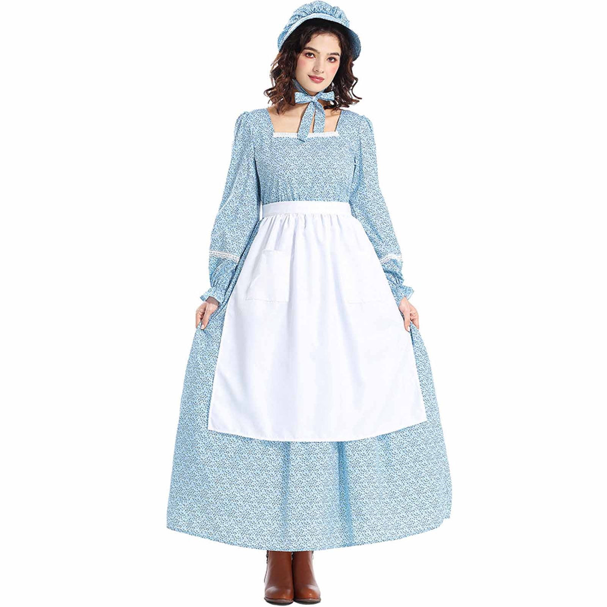 Cottage Bloom Pioneer Prairie Dress Women Floral Colonial Costume Long Sleeve American Historical Dress