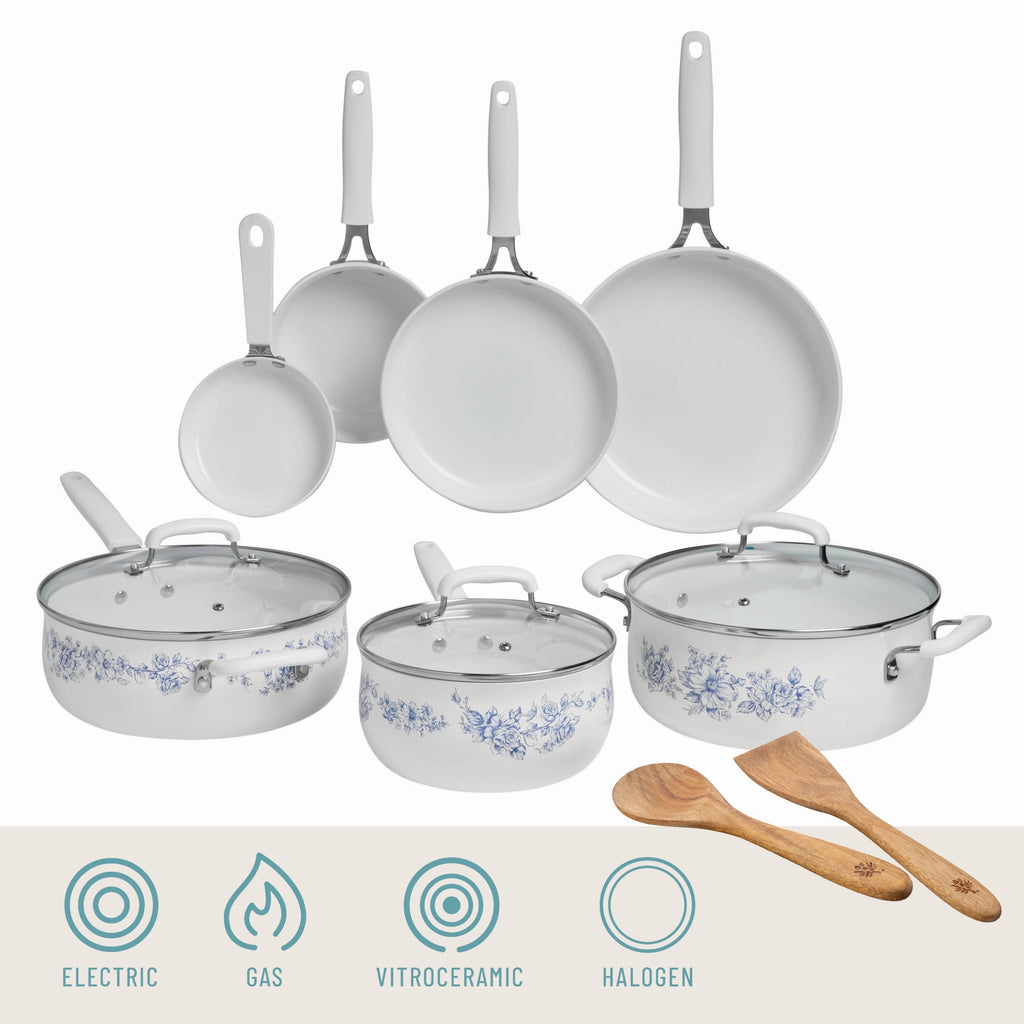 The Pioneer Woman 12-Piece Classic Ceramic Cookware Set, Agatha Blue