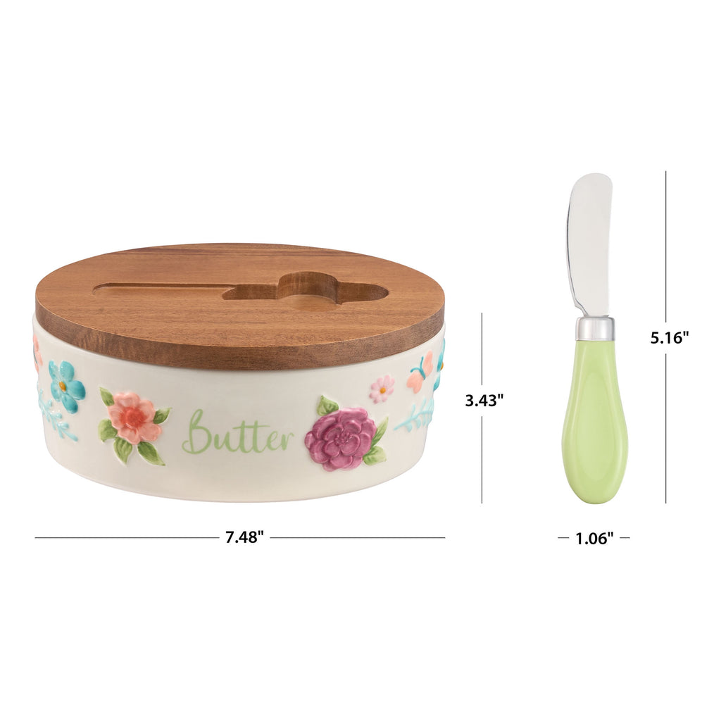 (2 pack) The Pioneer Woman Ceramic Painted Meadow Butter Dish with Acacia Wood Lid and Serving Knife, Best Used for Everyday Kitchen Organization