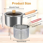 Soulgenix Deep Fryer Pot, 3QT Stainless Steel Fryer Pot with Basket, Multifunction Oil Strainer Pot with Wooden Handle