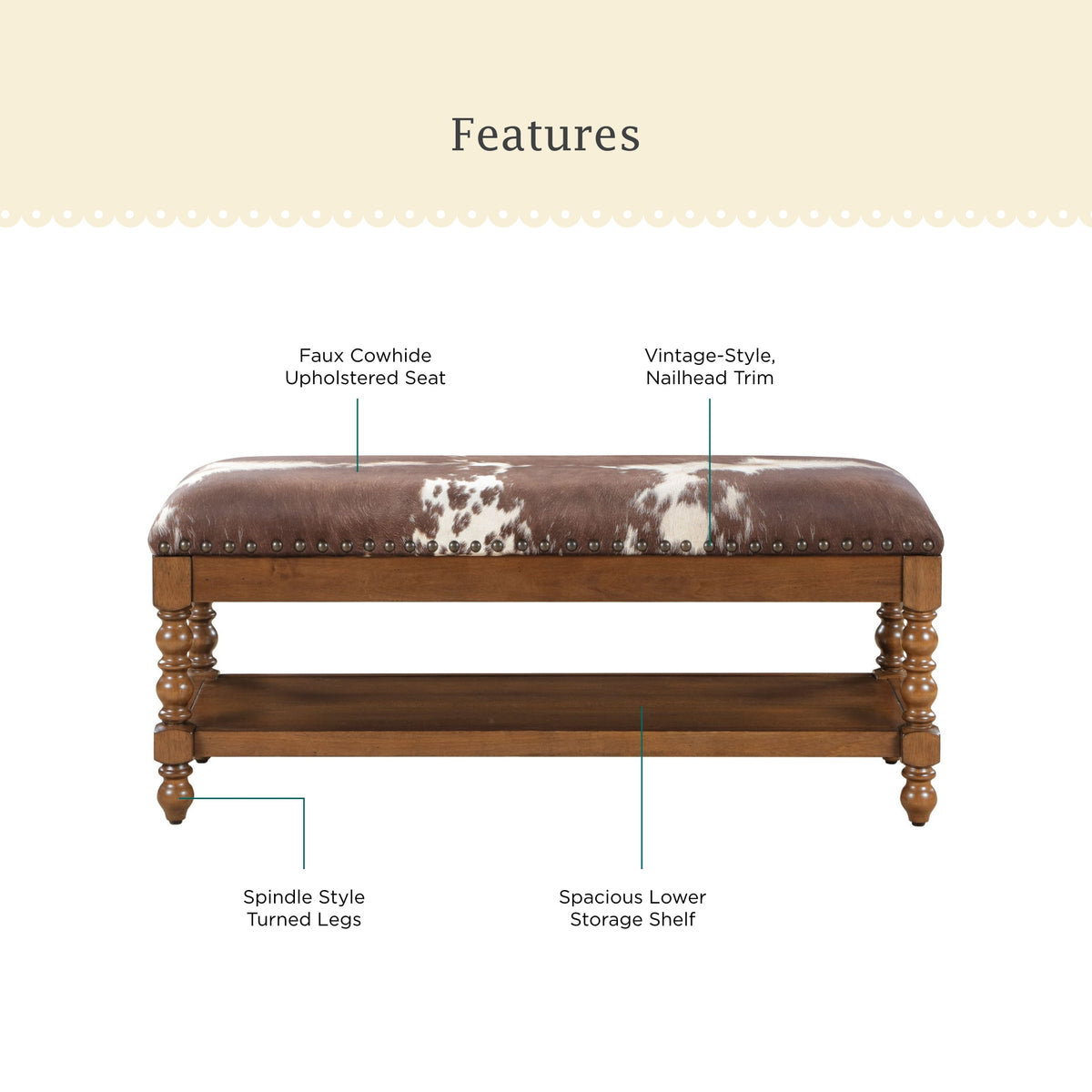 The Pioneer Woman Harper Bench, Faux Cowhide Fabric