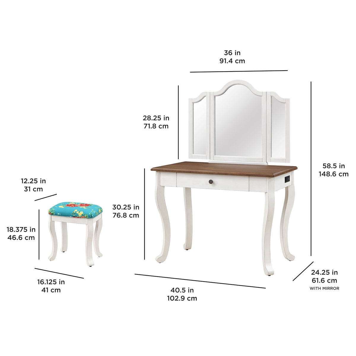 The Pioneer Woman Vanity Set and Stool with Tri-Fold Mirror and Made With Solid Wood Frame, White