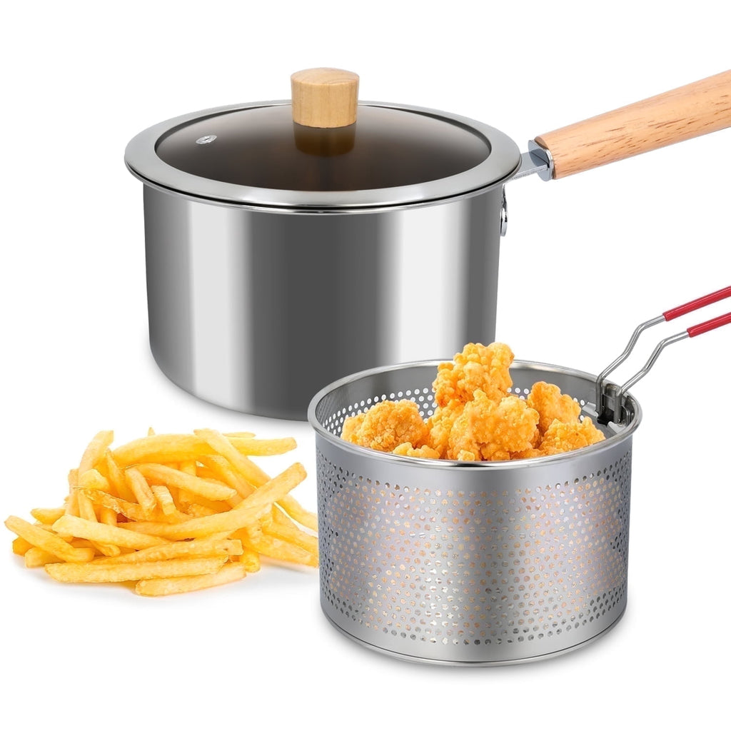 Soulgenix Deep Fryer Pot, 3QT Stainless Steel Fryer Pot with Basket, Multifunction Oil Strainer Pot with Wooden Handle