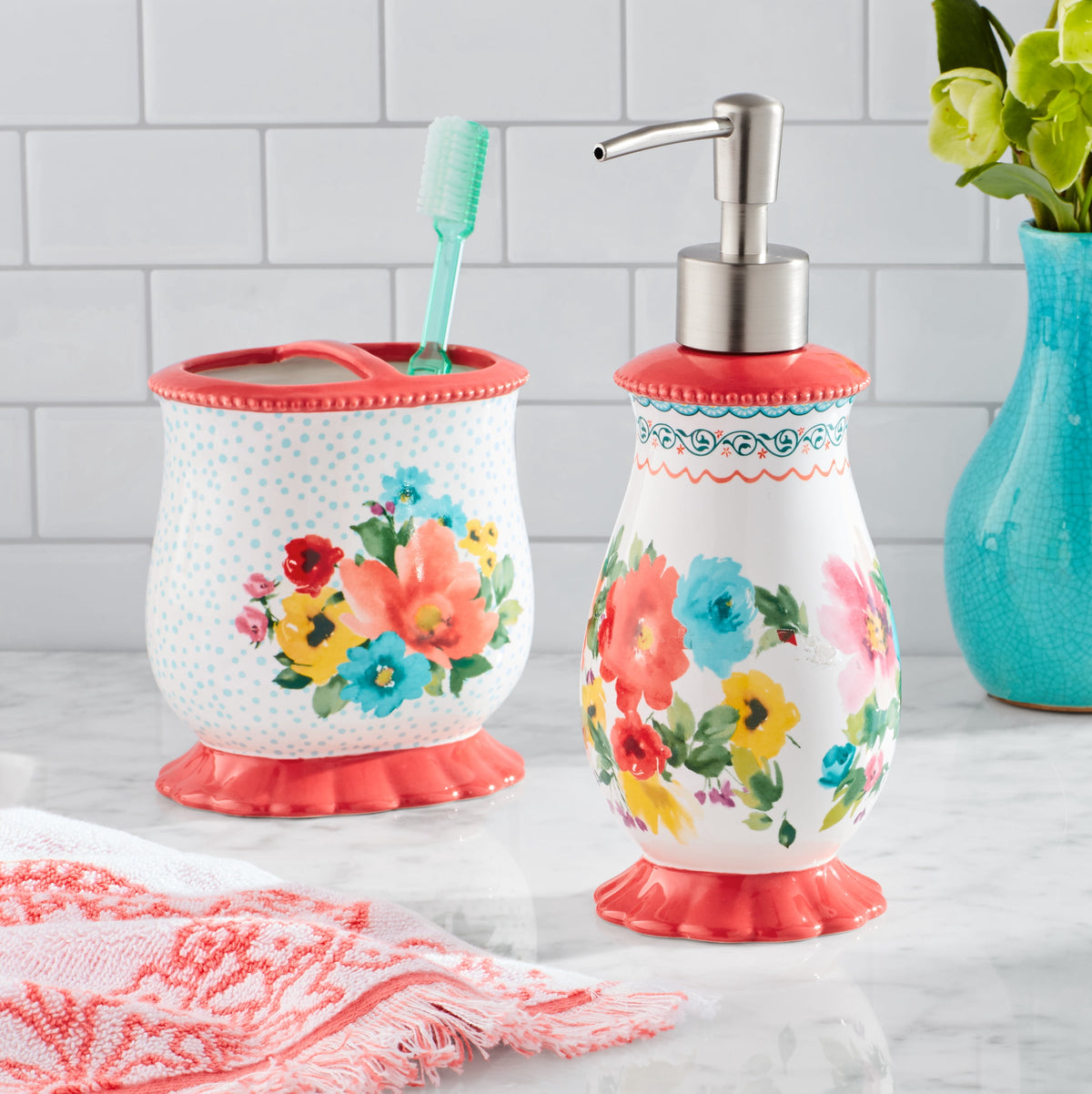 Multi- Color 2 Piece Ceramic Bath Accessories Set, The Pioneer Woman Breezy Blossom