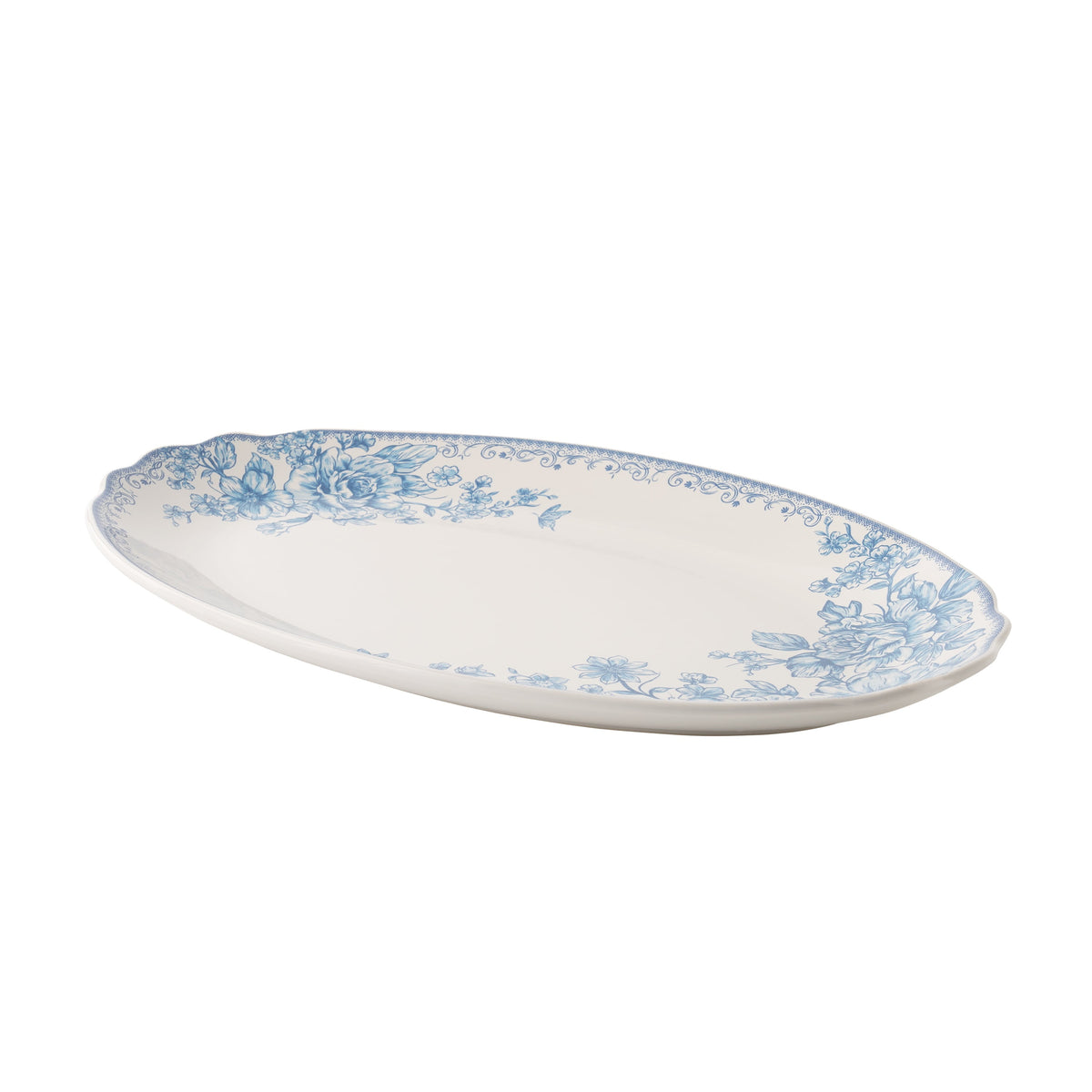Cottage Bloom Agatha Stoneware 16-inch Serving Platter, Blue - Farmhouse Kitchen