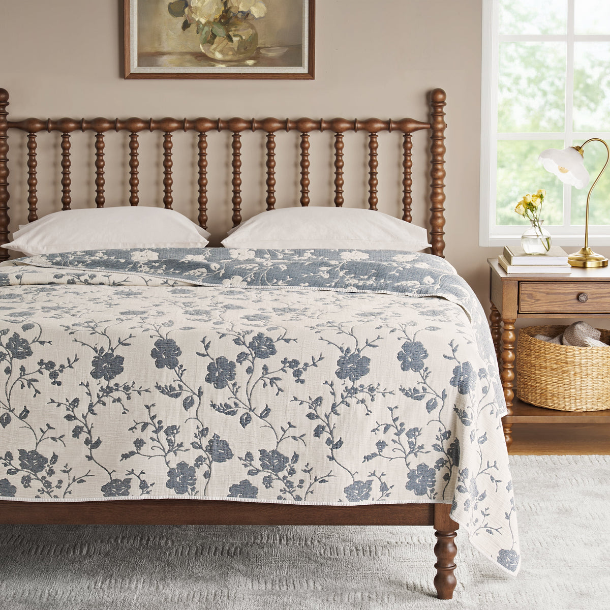 Cottage Bloom Agatha Floral Gauze Quilt, Full/Queen, Blue Dust, Reversible Bedding