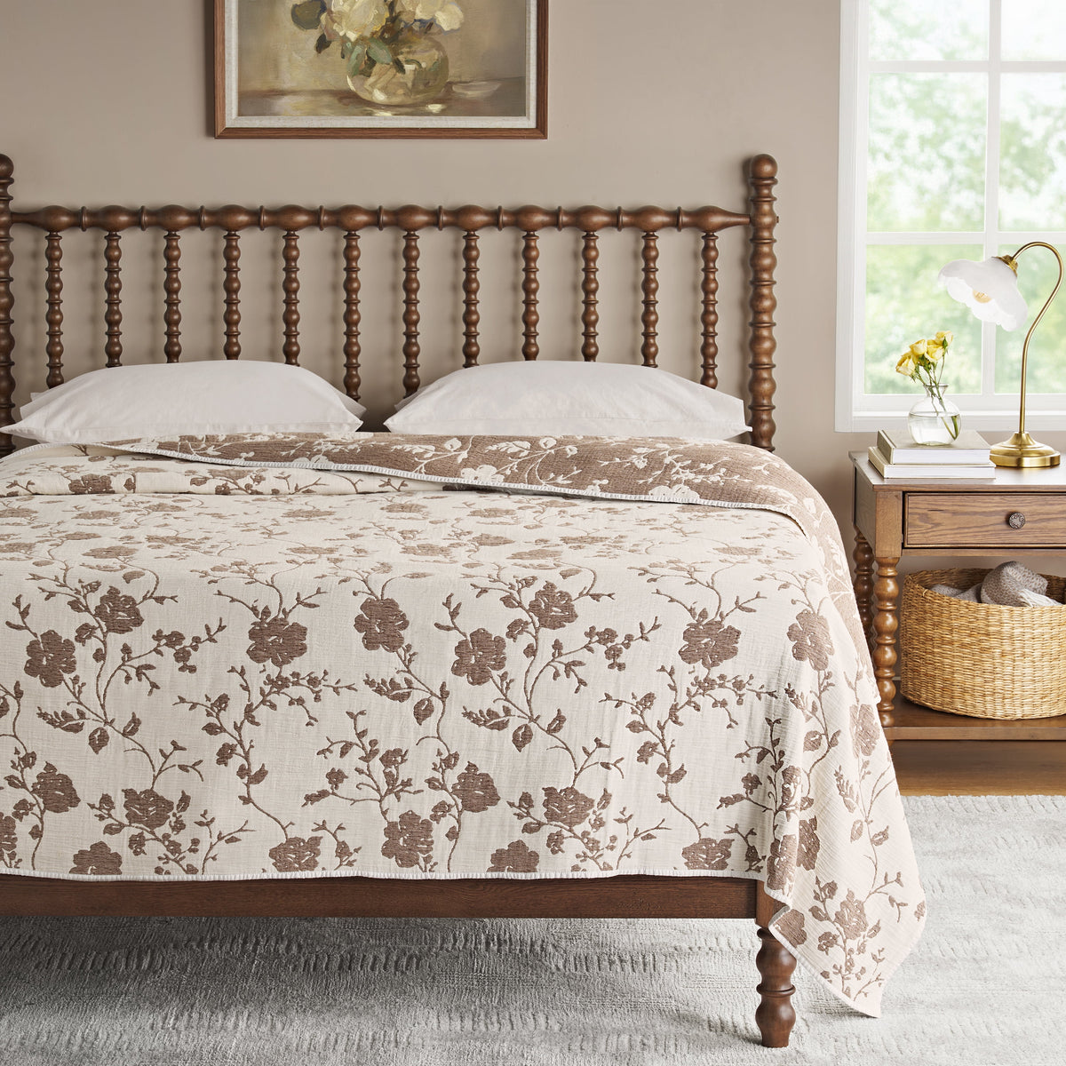 Cottage Bloom Agatha Floral Gauze Quilt, Full/Queen, Blue Dust, Reversible Bedding