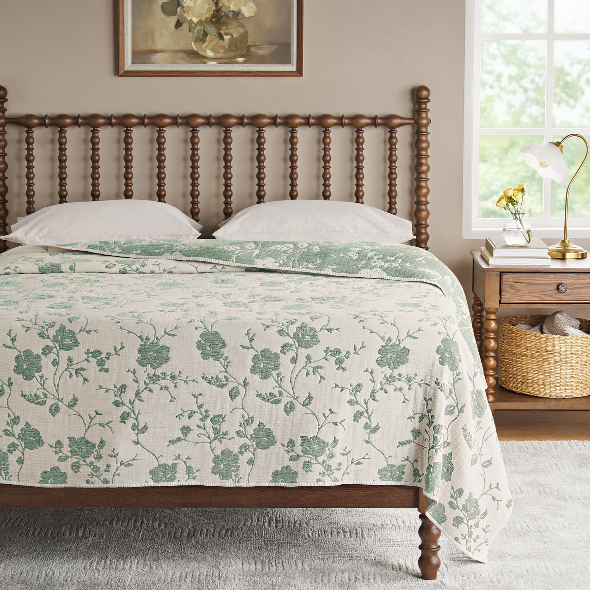 Cottage Bloom Agatha Floral Gauze Quilt, Full/Queen, Blue Dust, Reversible Bedding