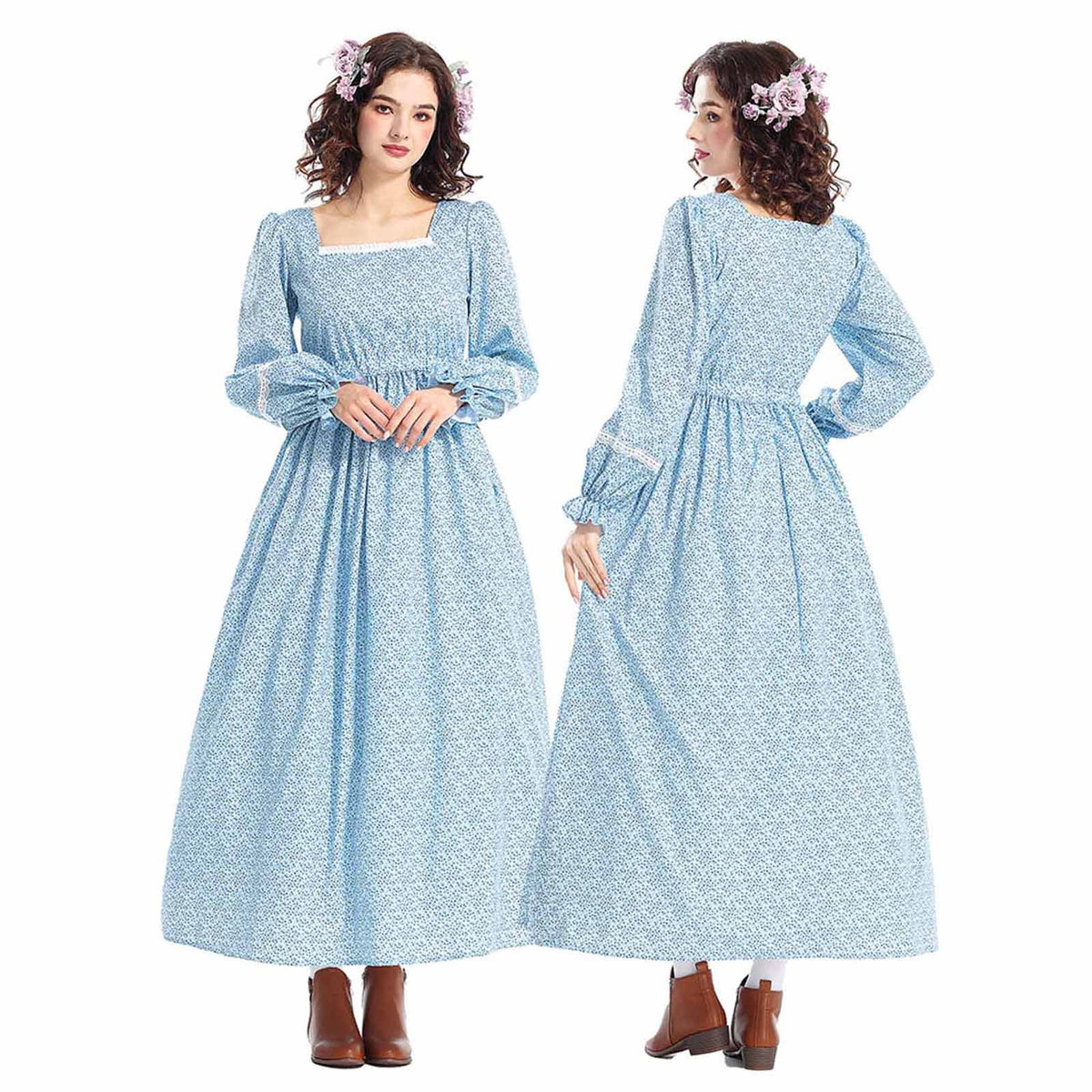 Cottage Bloom Prairie Dress Women Floral Colonial Costume Long Sleeve American Historical Dress - Prairie Style Histo...