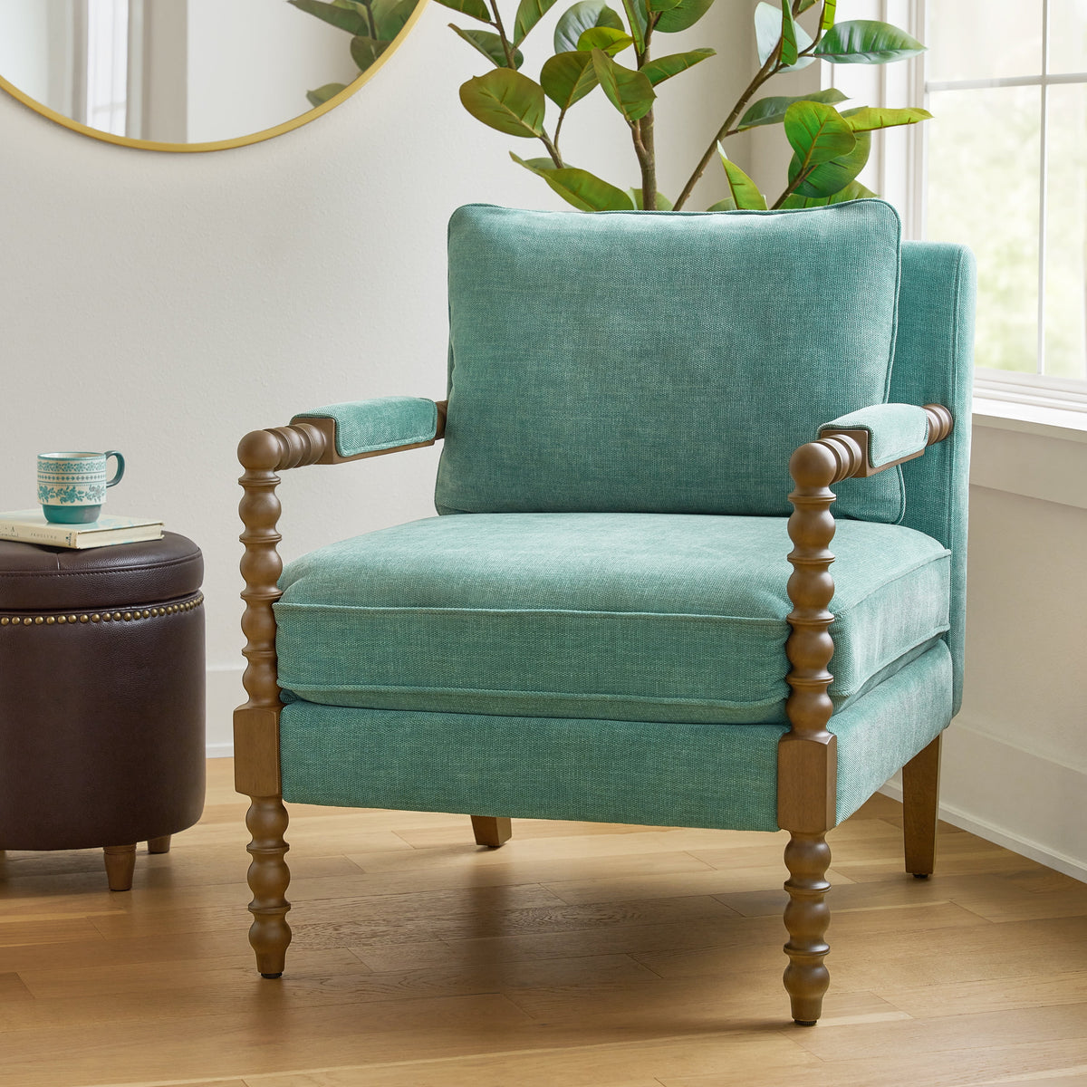 Pioneer Woman Harper Spindle Accent Chair, Antique White Fabric Upholstery