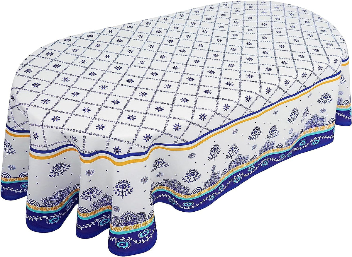 Cottage Bloom Polish Pottery Style Tablecloth, Blue Ceramic Table Cloth, Farmhouse Tablecover for Oval Tables 60 x 84...