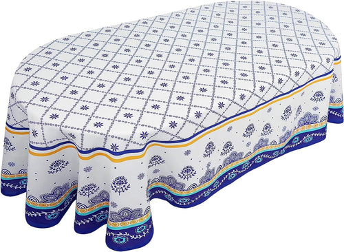 Cottage Bloom Polish Pottery Style Tablecloth, Blue Ceramic Table Cloth, Farmhouse Tablecover for Oval Tables 60 x 84...