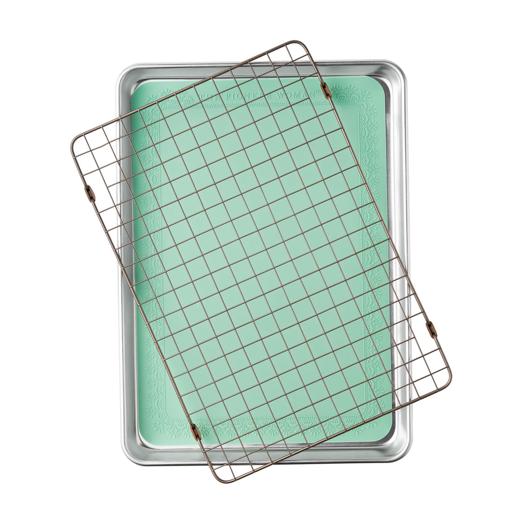 The Pioneer Woman Aluminum Sheet Pan Set with Wire Rack & Silicone Baking Mat, 3-Piece, 13"x18"