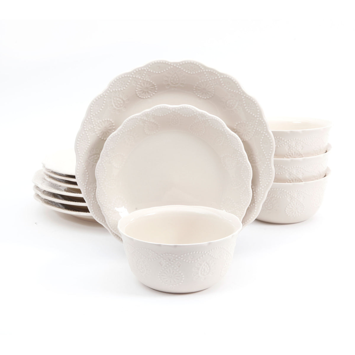 Cottage Bloom Cowgirl Lace 12-Piece Dinnerware Set, Red - Farmhouse Kitchen