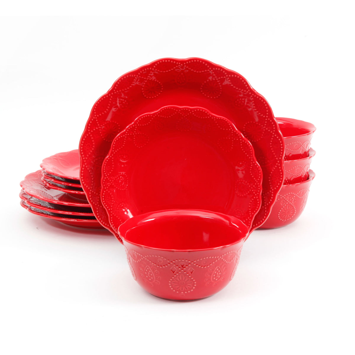Cottage Bloom Cowgirl Lace 12-Piece Dinnerware Set, Red - Farmhouse Kitchen