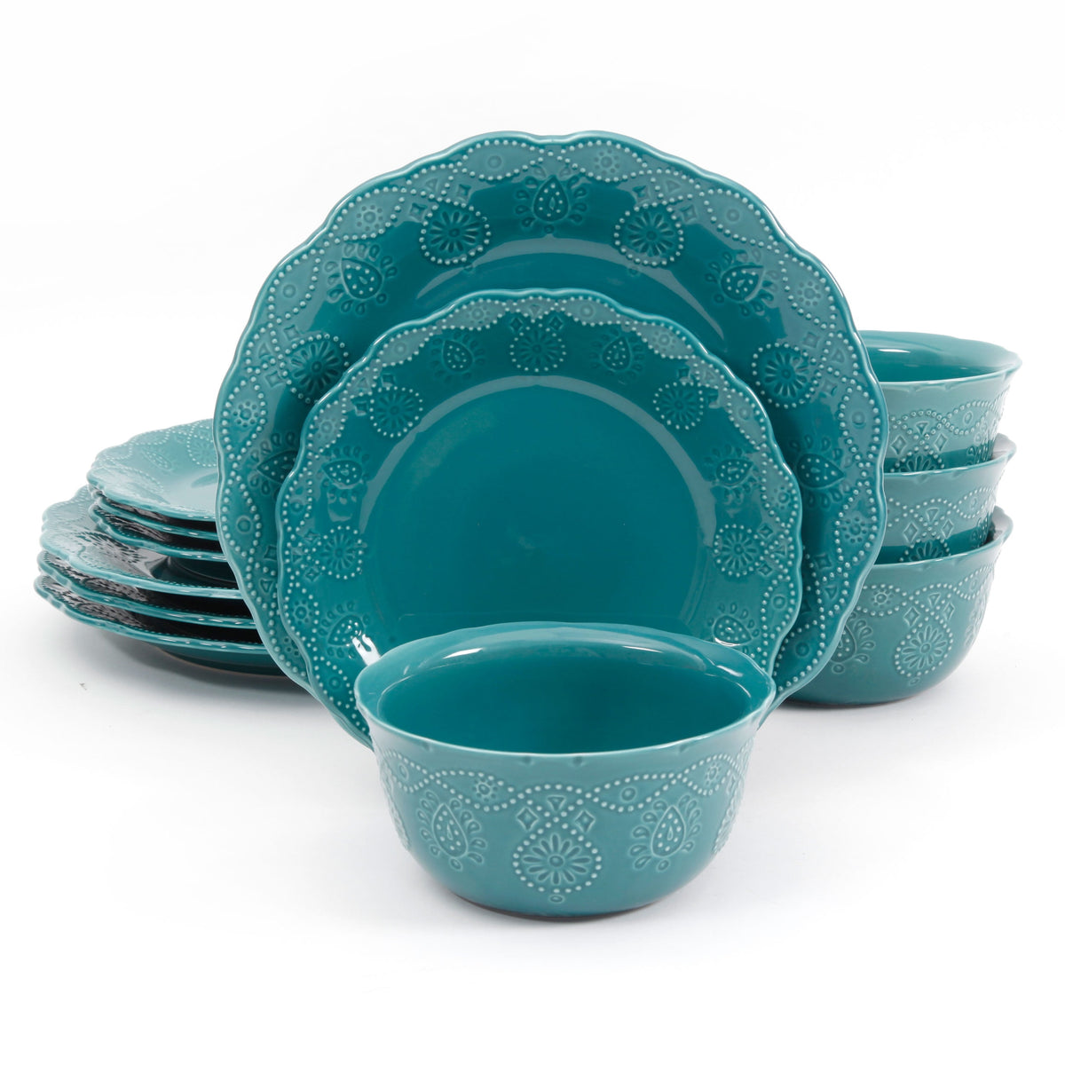 Cottage Bloom Cowgirl Lace 12-Piece Dinnerware Set, Red - Farmhouse Kitchen