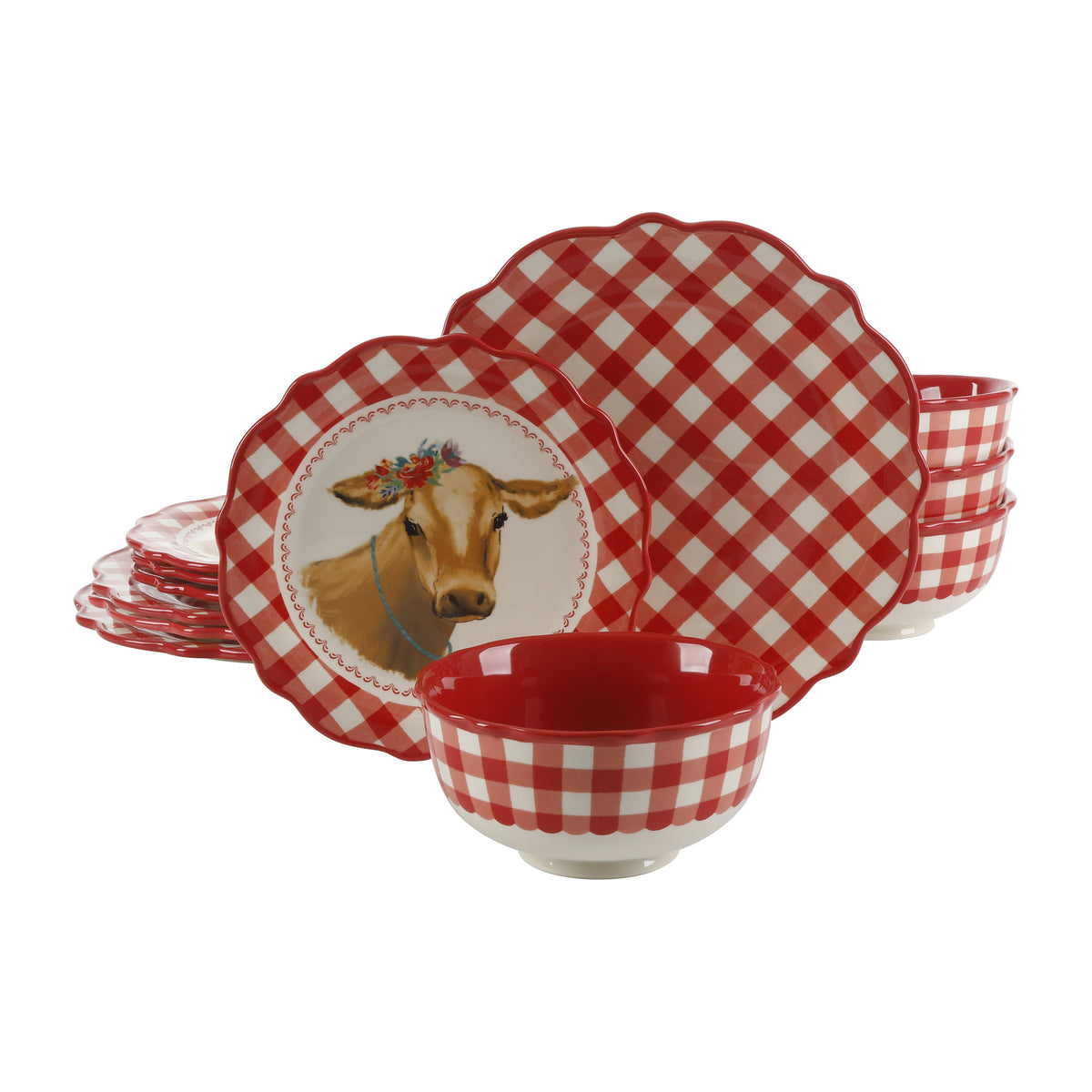 The Pioneer Woman Gingham 12-Piece Ceramic Dinnerware Set, Gray