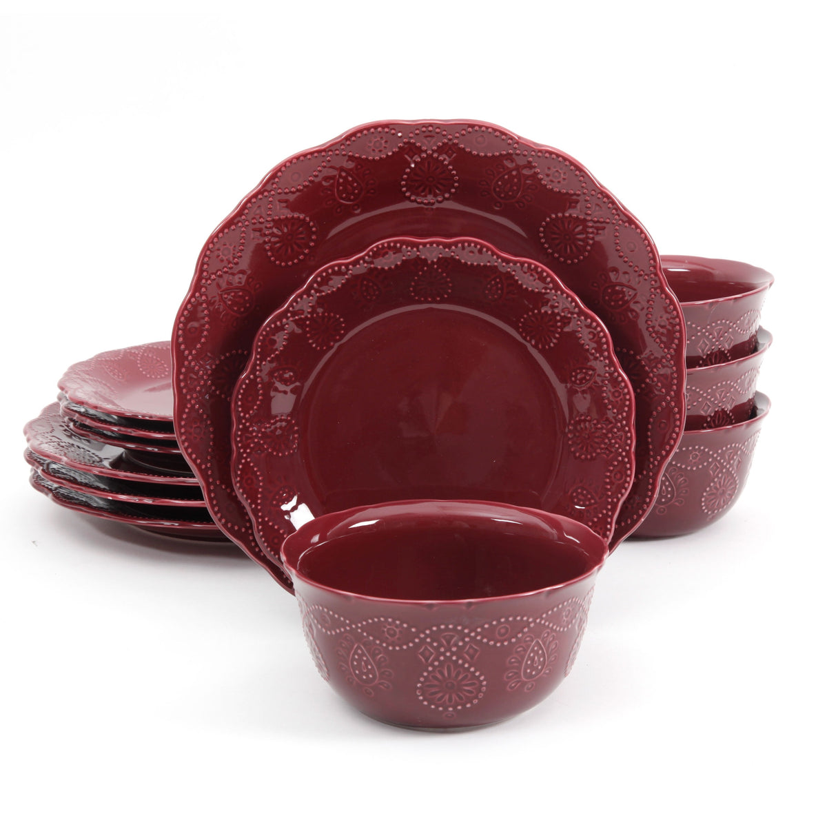 Cottage Bloom Cowgirl Lace 12-Piece Dinnerware Set, Red - Farmhouse Kitchen