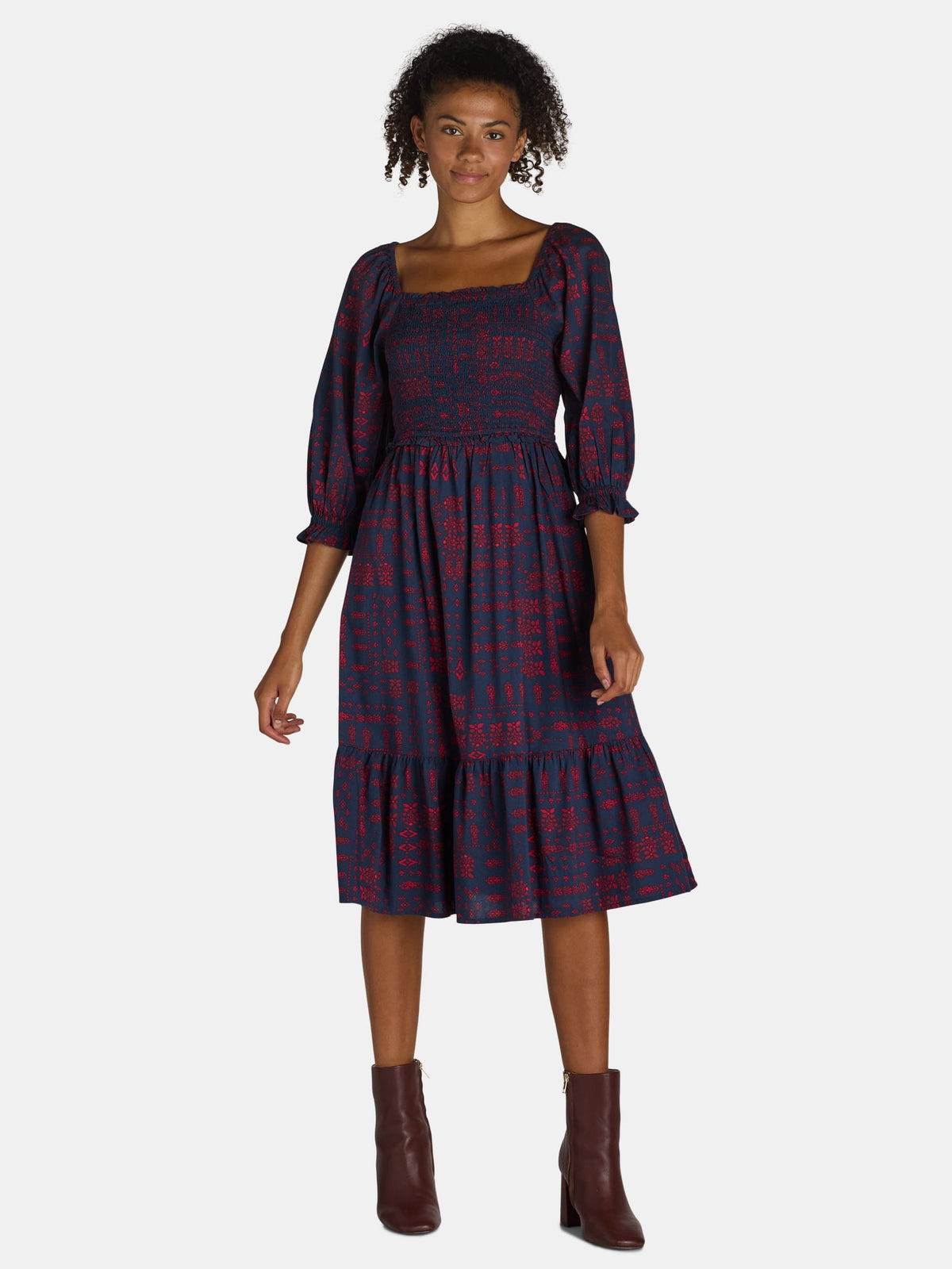 Cottage Bloom Smocked Bodice Midi Dress, Women’s and Women’s Plus, Sizes XS-3X - Prairie Style Historical Dress