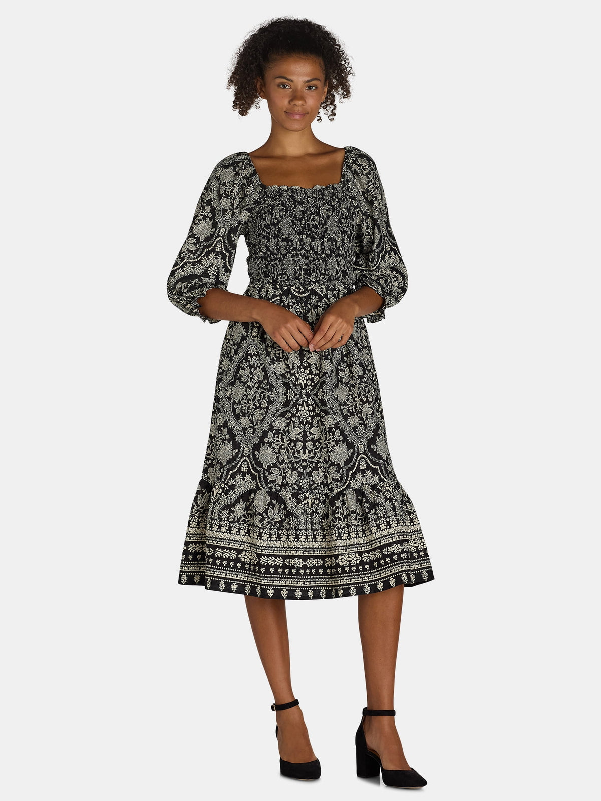 Cottage Bloom Smocked Bodice Midi Dress, Women’s and Women’s Plus, Sizes XS-3X - Prairie Style Historical Dress