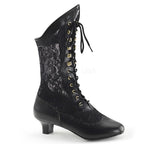 Cottage Bloom Victorian Ankle Boot - 2" Heel Lace-Up Black PU Lace Boot