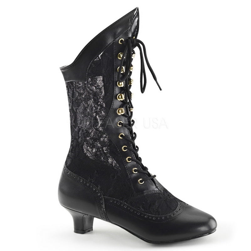 Cottage Bloom Victorian Ankle Boot - 2" Heel Lace-Up Black PU Lace Boot