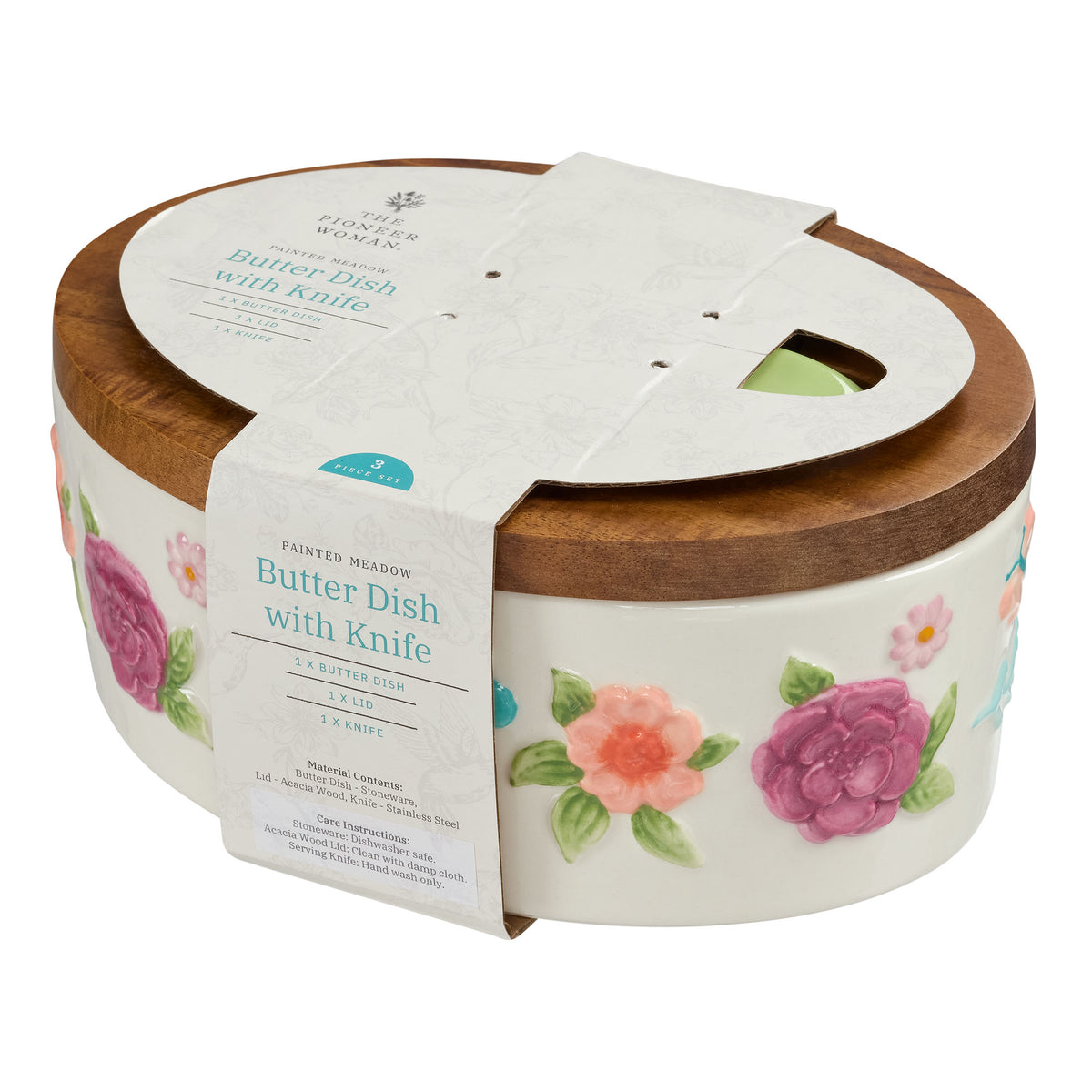 (2 pack) The Pioneer Woman Ceramic Painted Meadow Butter Dish with Acacia Wood Lid and Serving Knife, Best Used for Everyday Kitchen Organization