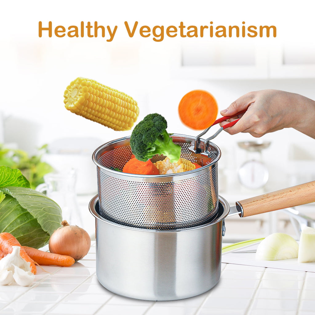 Soulgenix Deep Fryer Pot, 3QT Stainless Steel Fryer Pot with Basket, Multifunction Oil Strainer Pot with Wooden Handle