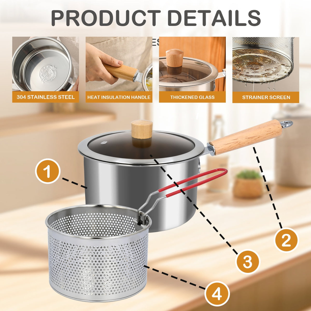 Soulgenix Deep Fryer Pot, 3QT Stainless Steel Fryer Pot with Basket, Multifunction Oil Strainer Pot with Wooden Handle