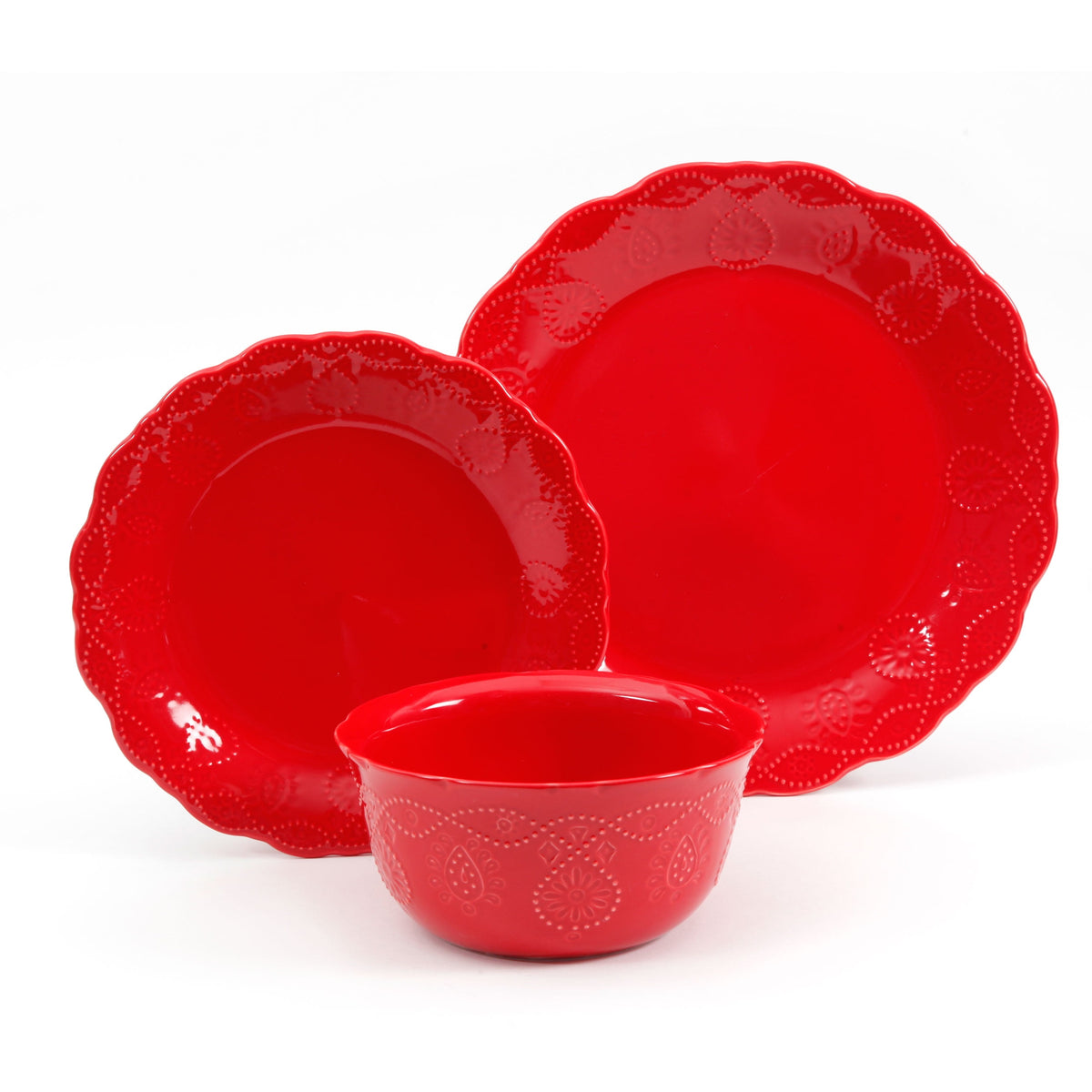 Cottage Bloom Cowgirl Lace 12-Piece Dinnerware Set, Red