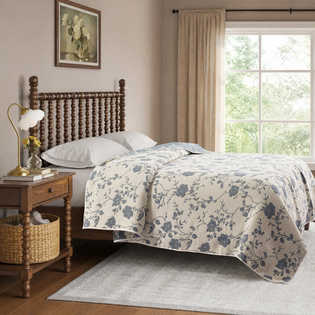 Cottage Bloom Agatha Floral Gauze Quilt, Full/Queen, Blue Dust, Reversible Bedding