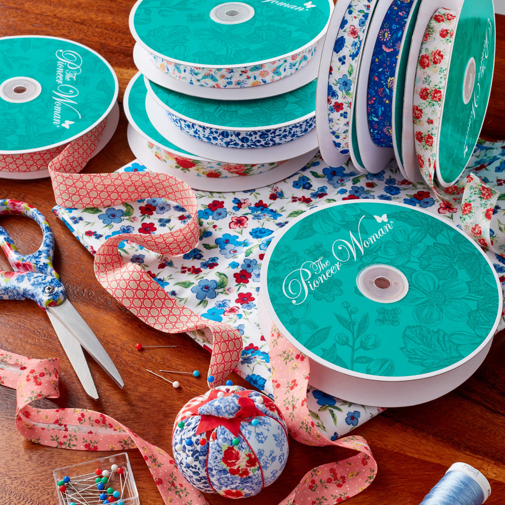 Cottage Bloom Vintage Floral White Double Fold Cotton Bias Tape Ribbon, 7/8" x 25 Yards