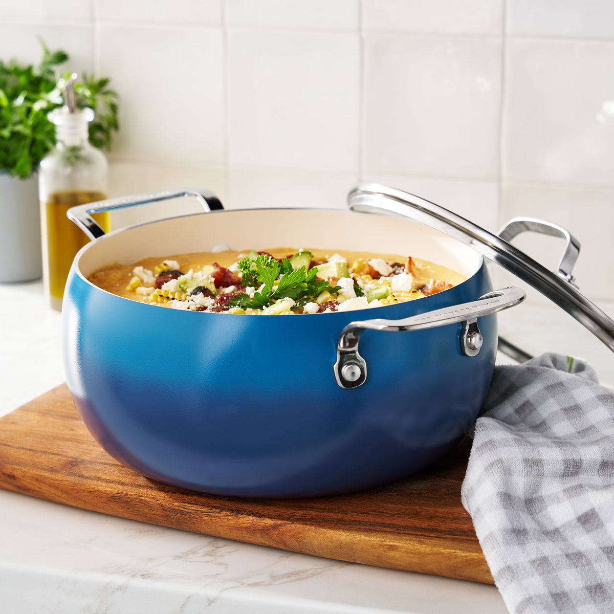 The Pioneer Woman Harlow 7.5 Qt Ceramic Non-Stick Stock Pot with Lid, Denim Blue