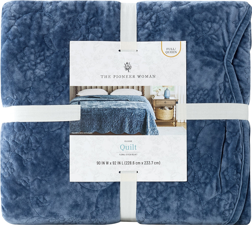 Cottage Bloom Eloise Floral Velvet Quilt, Full/Queen, Blue Dust Bedding