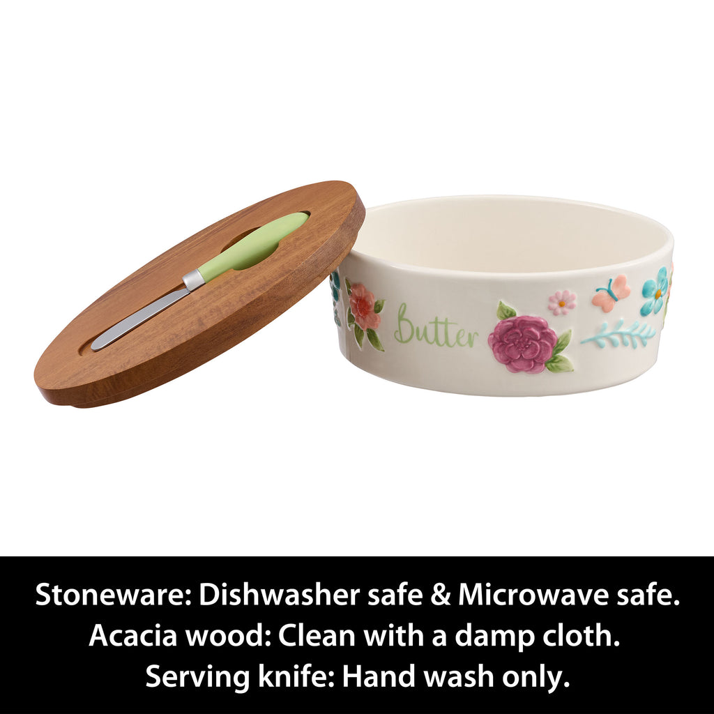 (2 pack) The Pioneer Woman Ceramic Painted Meadow Butter Dish with Acacia Wood Lid and Serving Knife, Best Used for Everyday Kitchen Organization
