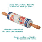 The Pioneer Woman Keepsake Floral 17.7" Ceramic Rolling Pin with Acacia Wood Holder