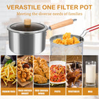 Soulgenix Deep Fryer Pot, 3QT Stainless Steel Fryer Pot with Basket, Multifunction Oil Strainer Pot with Wooden Handle